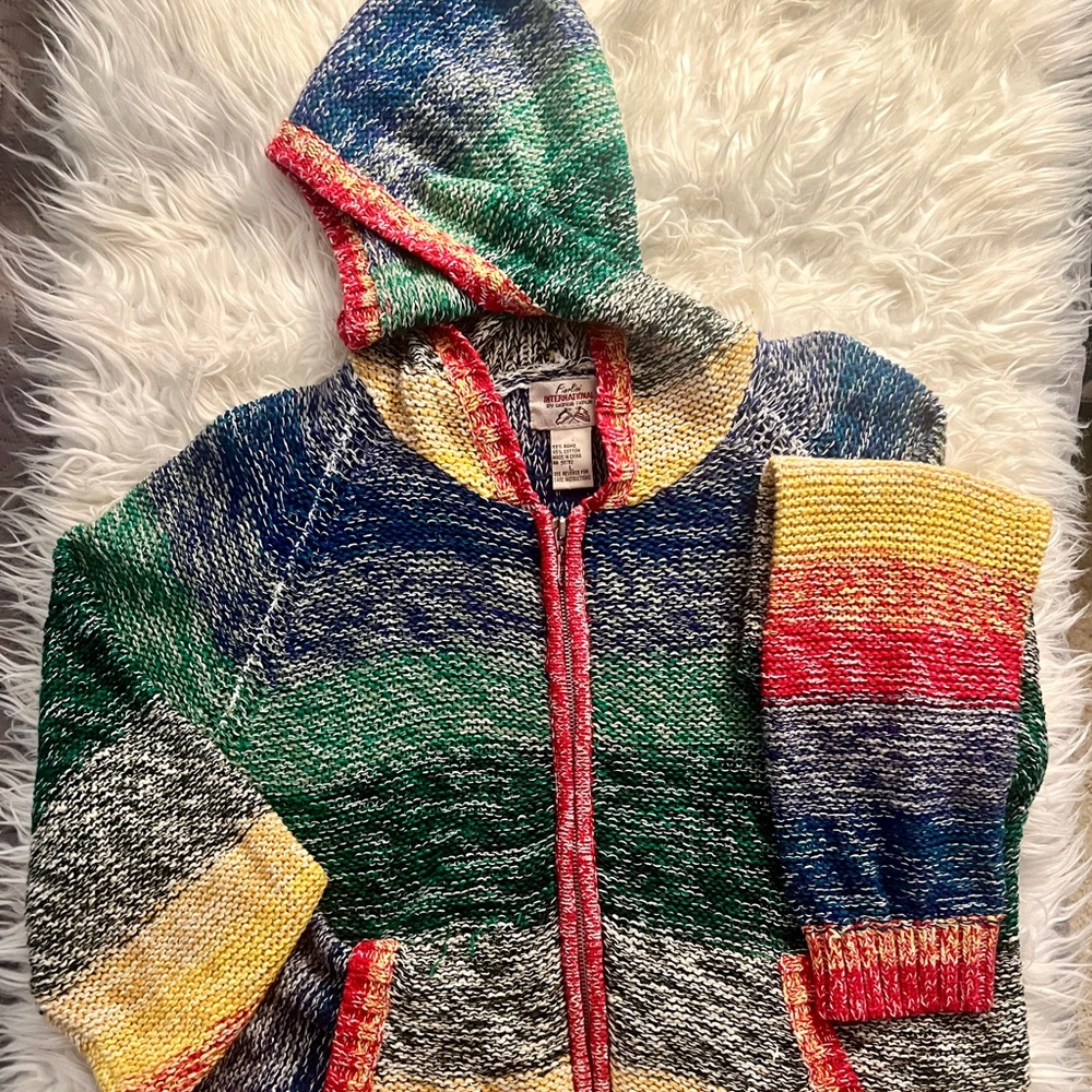 Vintage Fiorlini International Rainbow Stripe Zip Front Knit Hoodie! Sz L! Fun!